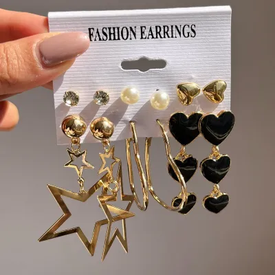 Black Golden Heart Shaped Hoop Earrings Set ( 6 Pairs )